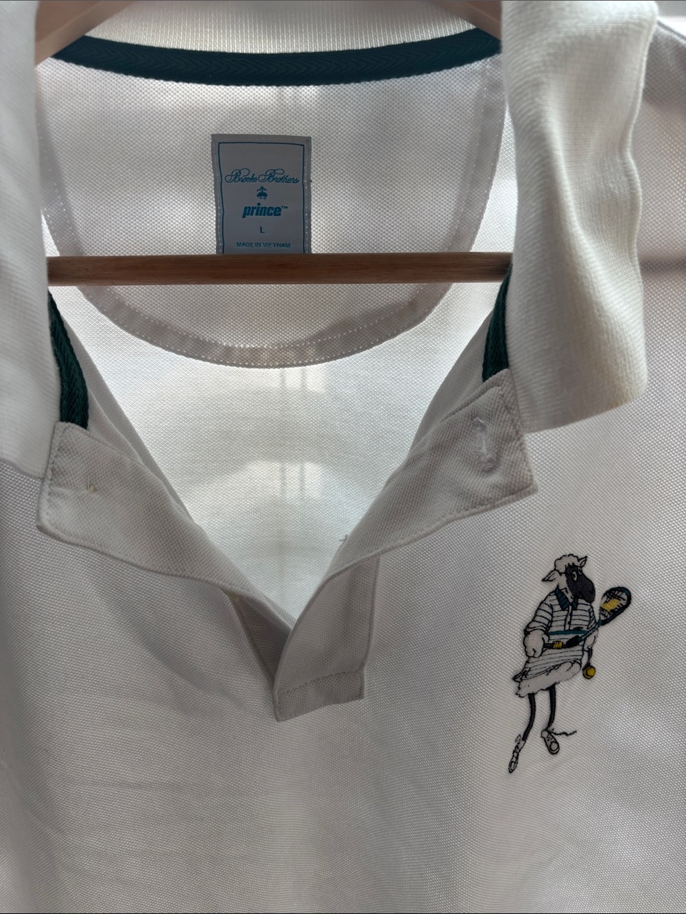 Brooks Brothers White Polo with Green Collar Trim and Tennis Motif